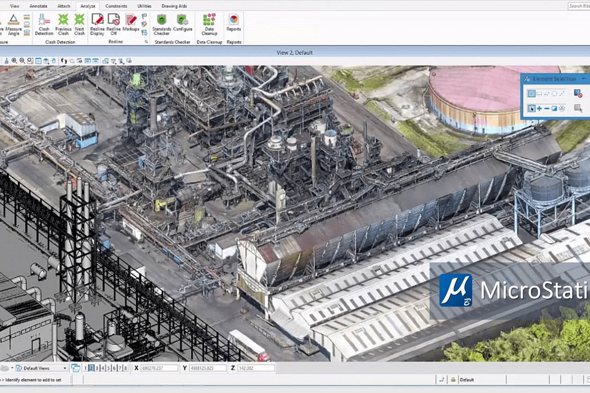 MicroStation CAD screenshot showing a detailed 3D industrial processing plant with pipes, tanks, towers, structural frames, and surrounding grounds.