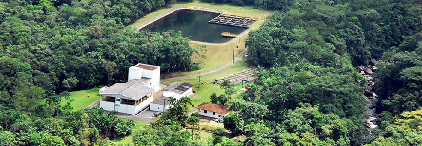 Aerial view of water treatment plant and trees