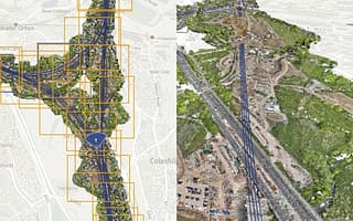 A split-screen interface in iTwin Capture Reality Management displaying a 2D tile-index map on the left and a corresponding 3D reality mesh of a transportation corridor on the right.