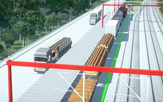 Detailed 3D model of a rail yard designed in OpenRail Designer, showing track, catenary, and freight operations.