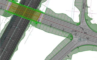 Detailed 2D design plan of a highway overpass and intersection created in OpenRoads Designer