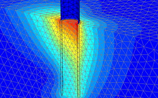 3D finite element analysis in PLAXIS Monopile Designer showing the soil-structure interaction of an offshore monopile foundation.