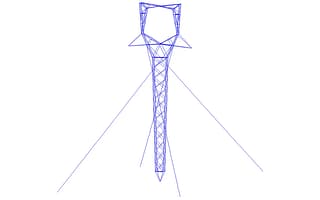 A detailed blue wireframe model of a single steel lattice transmission tower structure on a white background in SAPS, illustrating transmission tower engineering.