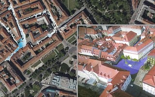 Split-screen flood simulation in OpenFlows FLOOD showing urban street runoff flow paths on the left and a 3D blue water flood overlay next to building models on the right.