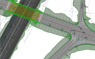 Detailed 2D design plan of a highway overpass and intersection created in OpenRoads Designer
