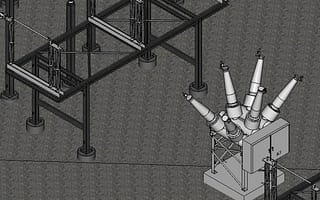 A detailed 3D model of an electrical substation showing all major equipment and structures