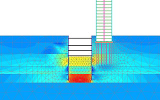 2D geotechnical finite element analysis in PLAXIS 2D showing soil-structure interaction for an excavation.