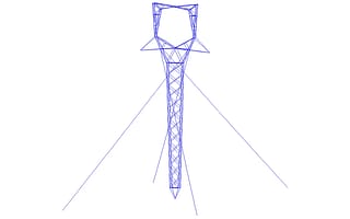 A detailed blue wireframe model of a single steel lattice transmission tower structure on a white background in SAPS, illustrating transmission tower engineering.