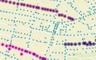 A GIS geographic map showing street grids of an urban area populated with blue, red, pink, and gray circular icons representing utility pole assets and lines in SPIDAstudio, demonstrating utility asset management.