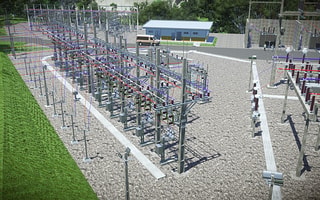 A detailed 3D model of an electrical substation showing all major equipment and structures