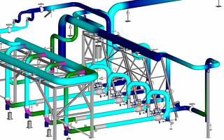 A 3D model of a piping system in AutoPIPE, with stress levels shown in different colors.