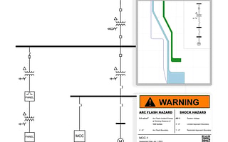 EasyPower software output demonstrating single-line diagram analysis connected to a generated high-visibility orange Warning Arc Flash Hazard label with specific safety parameters and boundaries.