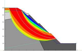 2D slope stability analysis in GeoStudio 2D, visualizing the factor of safety for a critical slip surface.