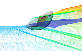 3D finite element model in GeoStudio 3D showing a slope stability analysis with a complex slip surface.