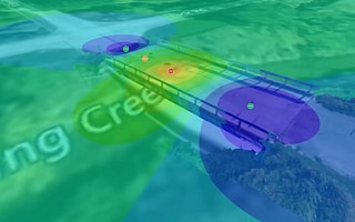 A comprehensive 3D digital twin model of an urban landscape and transportation network rendered in the iTwin Experience visualization platform.