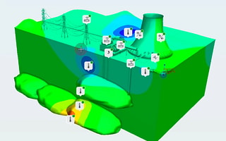 Digital twin of a power plant in iTwin IoT visualizing real-time subsurface and asset performance data from IoT sensors.