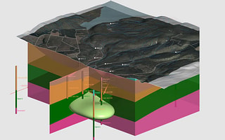 3D geological model in Leapfrog Works showing subsurface stratigraphy and borehole data beneath a surface topography map.