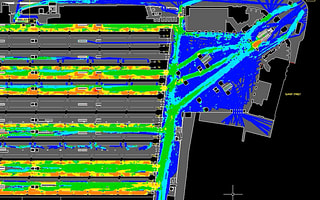 Pedestrian density heatmap from a Legion simulation of a train station.