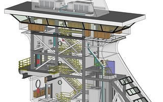 MicroStation interface showing a 3D model of a control tower.