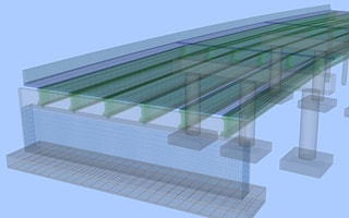 Detailed 3D analytical model of a bridge showing internal rebar and structural components 