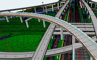 3D model of a complex highway interchange with multiple overlapping bridges, created in OpenBridge Modeler 