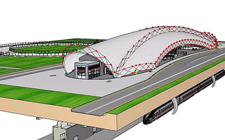 Multi-disciplinary BIM model of a transportation hub in OpenBuildings Designer, showcasing its computational design capabilities.