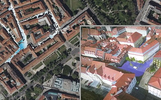 Split-screen flood simulation in OpenFlows FLOOD showing urban street runoff flow paths on the left and a 3D blue water flood overlay next to building models on the right.