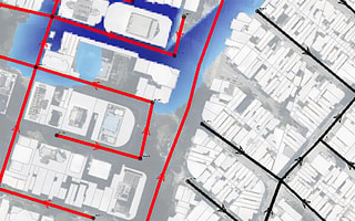 Urban stormwater analysis in OpenFlows Storm showing a flood simulation and network capacity.