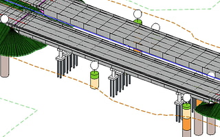 3D bridge model in OpenGround, showing the integration of subsurface geotechnical data with the infrastructure design.