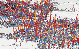 City-scale pedestrian simulation in OpenPaths visualizing movement patterns and density.