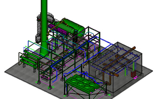 Intelligent 3D model of a process plant unit, including piping and equipment, designed in OpenPlant Modeler.