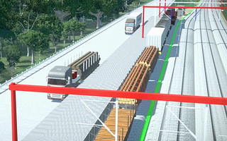 Detailed 3D model of a rail yard designed in OpenRail Designer, showing track, catenary, and freight operations.