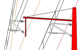 Detailed 3D design of a railway catenary system in OpenRail Overhead Line Designer.