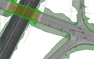 Detailed 2D design plan of a highway overpass and intersection created in OpenRoads Designer 