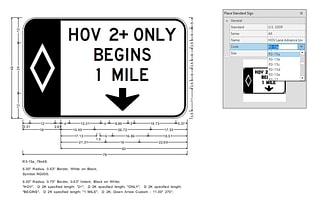 Interface of OpenRoads SignCAD software showing the design and measurement specifications of a highway "HOV 2+ ONLY BEGINS 1 MILE" sign.