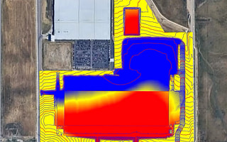 A modern, high-level conceptual site design model highlighting dynamic terrain grading and site feasibility layouts in OpenSite+.
