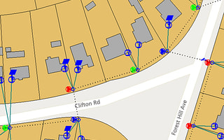 Map of a utility network in OpenUtilities Map, showing service connections to individual properties.