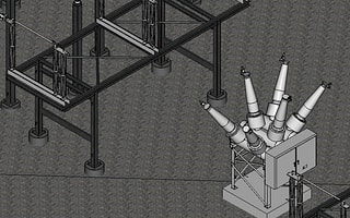 A detailed 3D model of an electrical substation showing all major equipment and structures