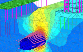 3D geotechnical finite element analysis in PLAXIS 3D showing soil-structure interaction for a tunneling project.