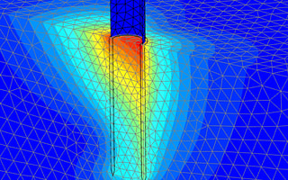 3D finite element analysis in PLAXIS Monopile Designer showing the soil-structure interaction of an offshore monopile foundation.