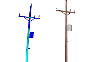 A 3D model of a utility pole alongside its color-coded structural analysis in PLS-POLE