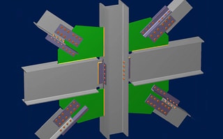 An advanced 3D steel structural joint assembly model featuring an H-column, multiple beams, green gusset plates, and bolted connections in RAM Connection, depicting complex steel structural connection design