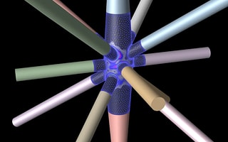 Finite element analysis of a complex offshore tubular joint showing detailed mesh and stress contours