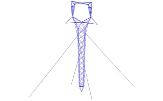 A detailed blue wireframe model of a single steel lattice transmission tower structure on a white background in SAPS, illustrating transmission tower engineering.