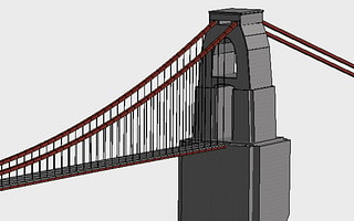 3D structural model of a large two-tower suspension bridge, created in STAAD.Pro
