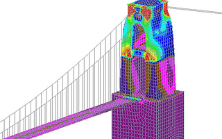 A finite element analysis of a suspension bridge tower, demonstrating the capabilities of the Structural WorkSuite.