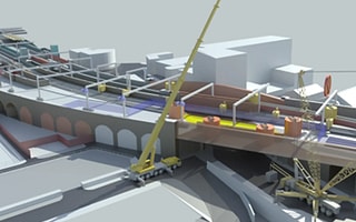 4D construction model in SYNCHRO showing cranes installing a new bridge section over a railway
