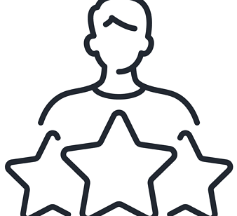 Black and white male figure icon with three overlapping stars