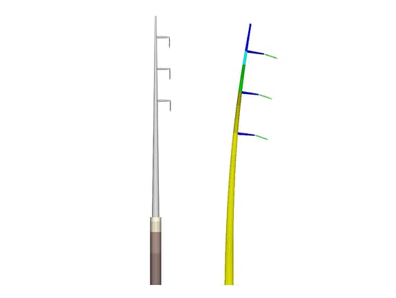 CAISSON utility pole structural analysis screen comparing a physical concrete pier model with a color-coded structural finite element model showing pole deflection under lateral load.
