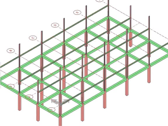 Building WorkSuite structural modeling program displaying an isometric grid view of a concrete skeletal building frame with columns and beams.